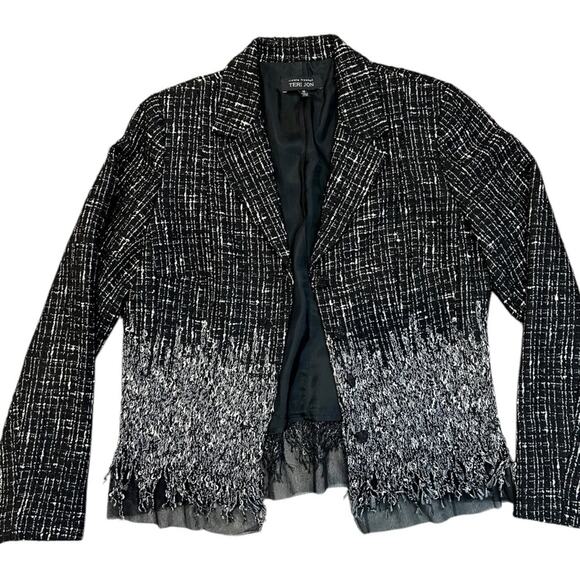 Rickie Freeman Teri Jon Tweed Black White Fringe wool blend Blazer Size 14 - Picture 3 of 16